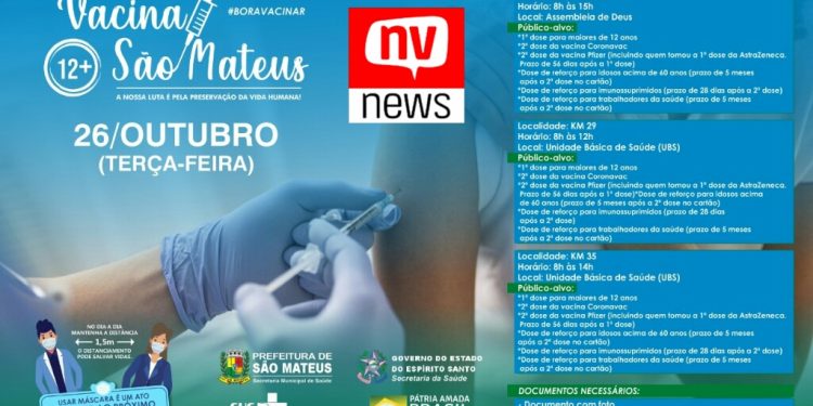 São Mateus contra o Covid: Nesta terça-feira (26), tem vacinação no bairro Boa Vista, KM 29 e no KM 35