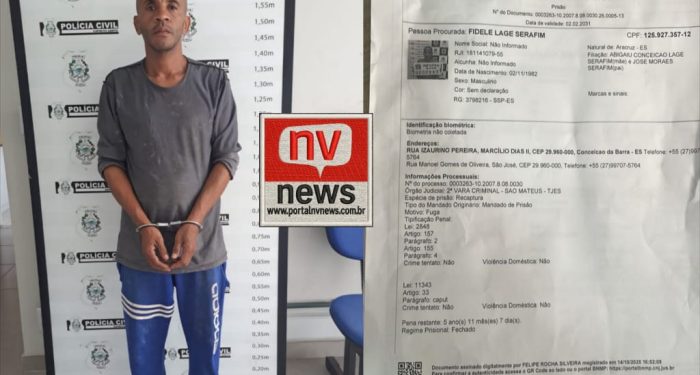 Foragido por tráfico, roubo e furto é recapturado pela Polícia Civil em Conceição da Barra