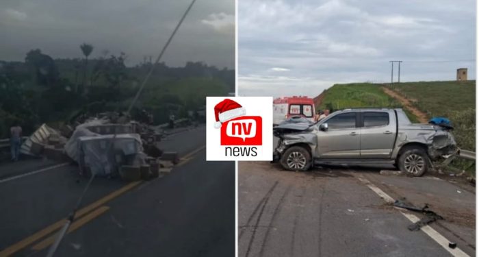 Colisão frontal entre caminhão e caminhonete deixa motorista ferido e preso às ferragens na BR-101, em Aracruz